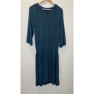 Garnet Hill V-Neck Smock Waist Tencell Blouson Boho Dress Aqua Green Medium